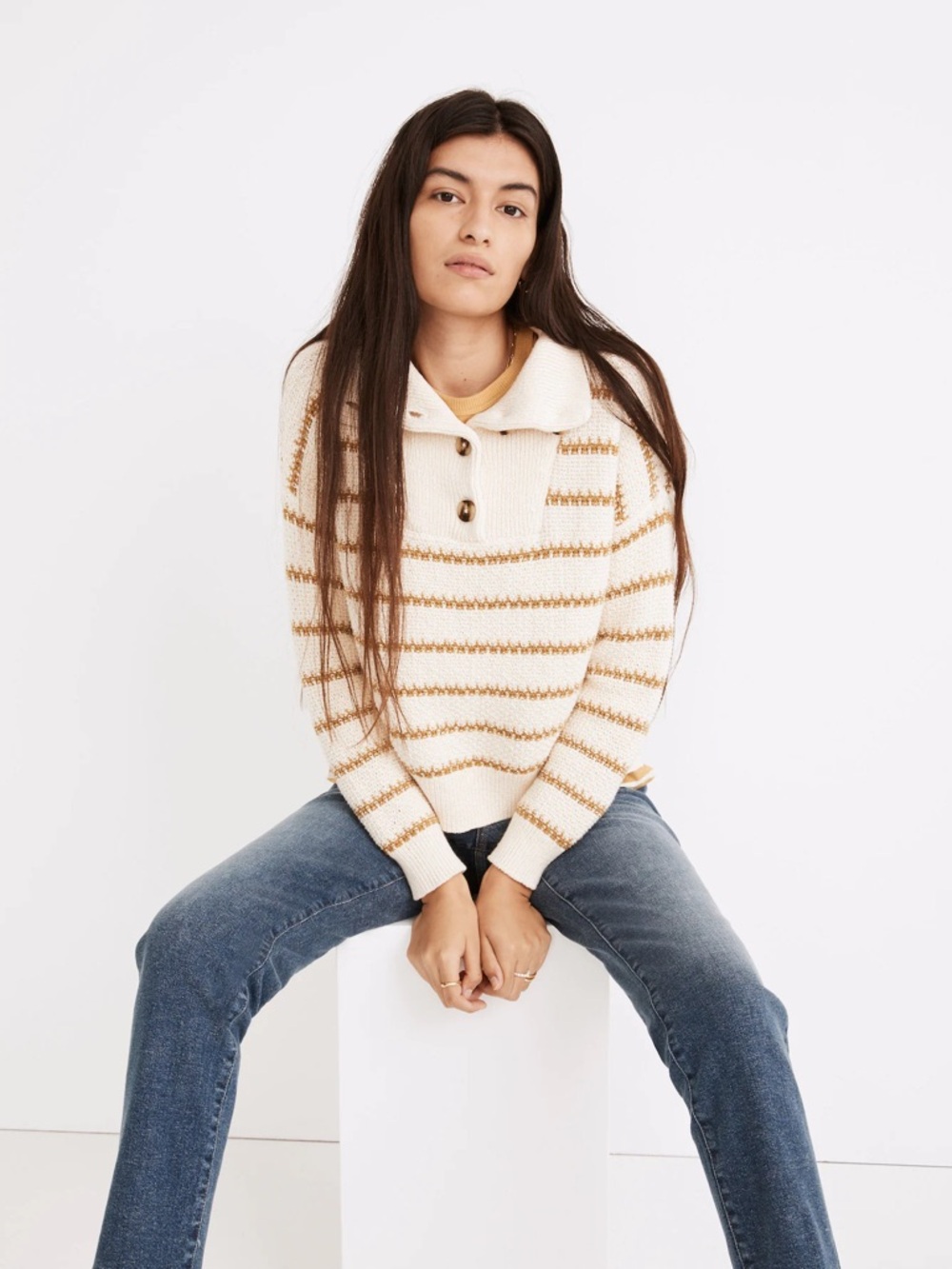 Madewell Canby Button Mockneck Sweater in Stripe XXS